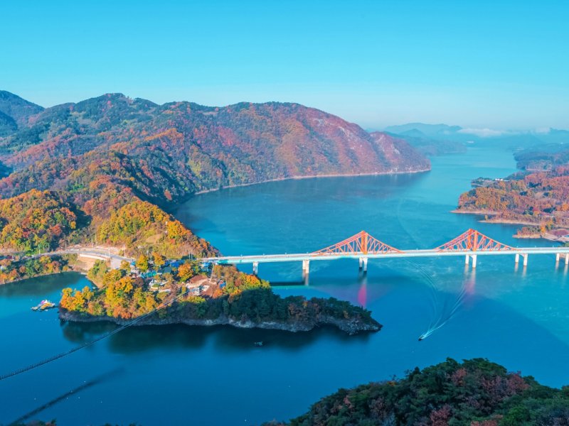 Chungju Lake Cruise Cruising through Chungju Lake surrounded by green mountains