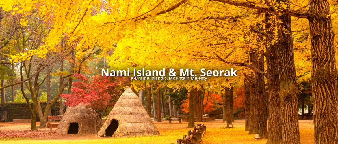 Nami Island and Mt. Seorak combined day tour from Seoul Nami Island metasequoia tree-lined road with Mt. Seorak granite peaks in background