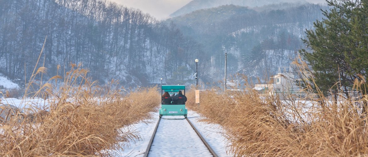 Services included in Nami Island + Petite France & Italian Village + Gangchon Railbike + The Garden of Morning Calm One Day Tour Tour bus with professional staff assisting travelers at Seoul pickup point