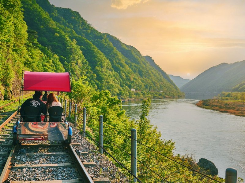 Gangchon Railbike View Couples riding Gangchon railbike