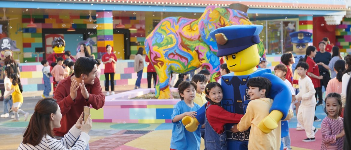 Legoland Korea theme park day trip from Seoul Legoland Korea entrance with colorful Lego structures and family crowds